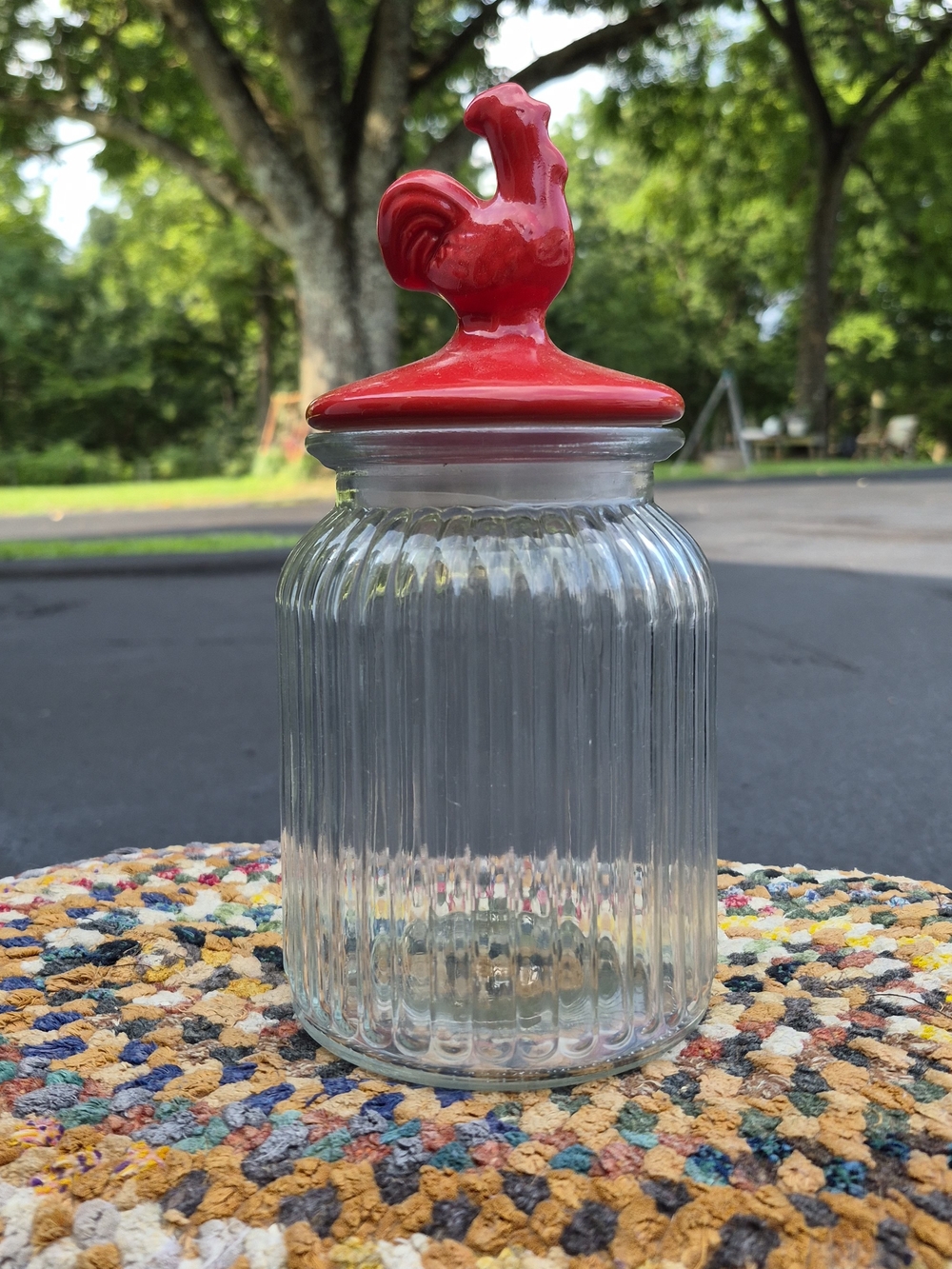 Clear Ribbed Glass Jar with Red Rooster Lid